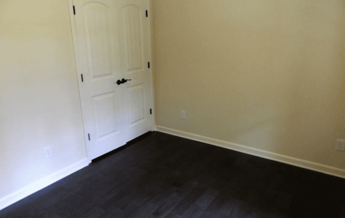 An empty room with a black floor and a white door.