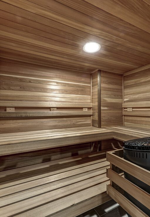 A wooden sauna room with a stove and heater.